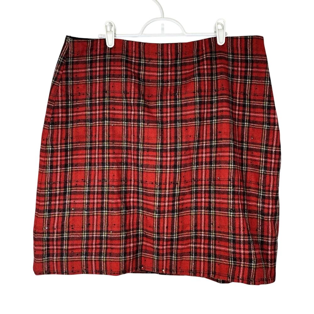Talbots Tartan Plaid Wool Blend Skirt Women's Size 16 Petite Red Sequins Holiday